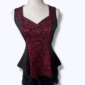 Gothic Brocade Peplum Top M Dark Romantic Baroque Corset Style Vampire Red Black